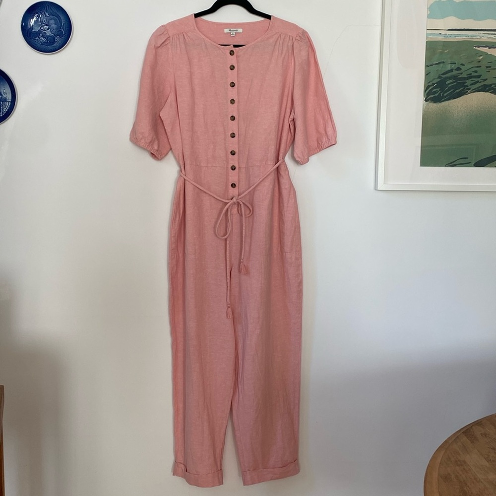 Madewell Linen-Blend Puff-Sleeve Tassel-Tie Jumpsuit - Picture 2 of 12